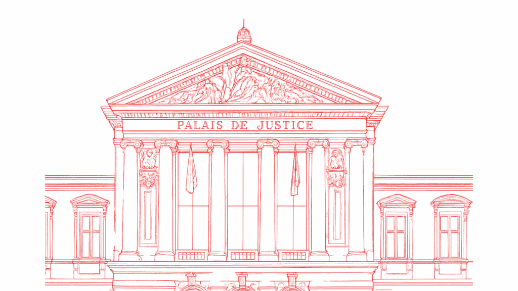 Croquis du palais de justice — illustration représentant l’architecture judiciaire française, symbole de l’autorité et de l’État de droit.